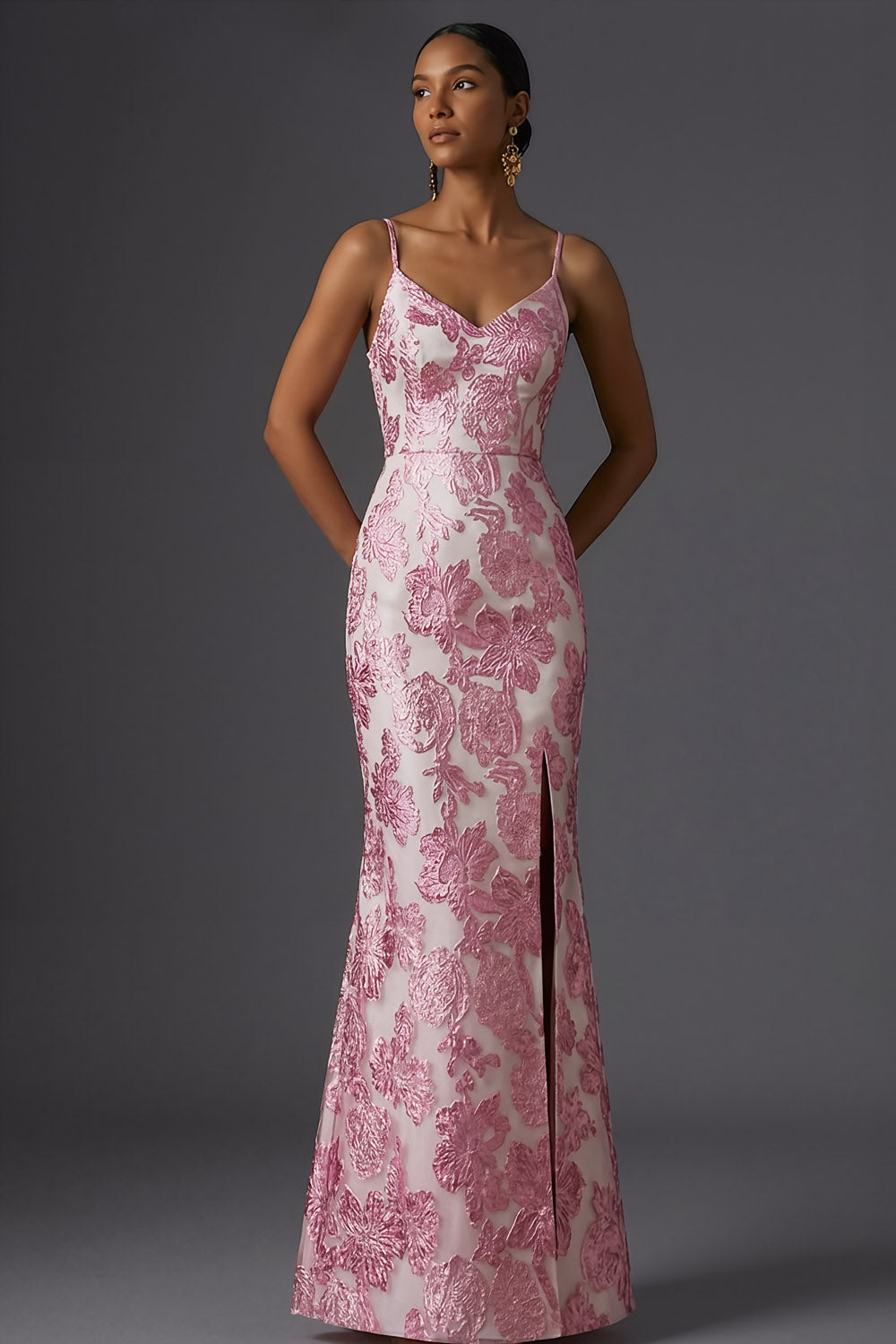 Leely Women Floral Pink Maxi Mermaid Wedding Guest Dress with Slit Spaghetti Straps Jacquard Sleeveless Backless Formal Dress