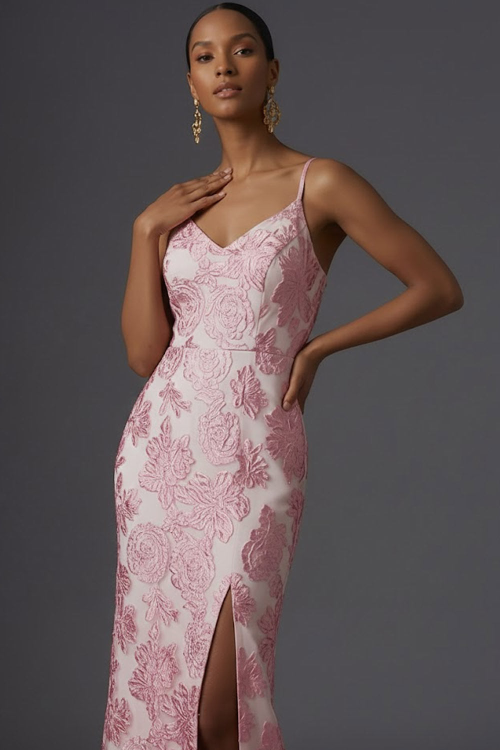 Floral Pink Jacquard Mermaid Spaghetti Straps Maxi Wedding Guest Dress with Slit
