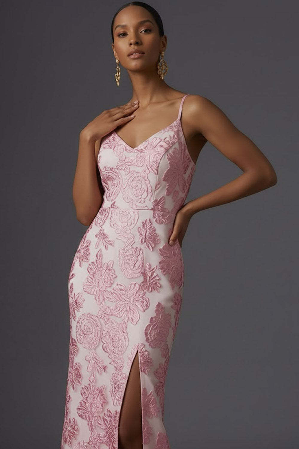 Floral Pink Jacquard Mermaid Spaghetti Straps Maxi Wedding Guest Dress with Slit