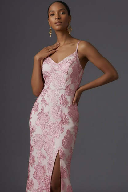 Floral Pink Jacquard Mermaid Spaghetti Straps Maxi Wedding Guest Dress with Slit