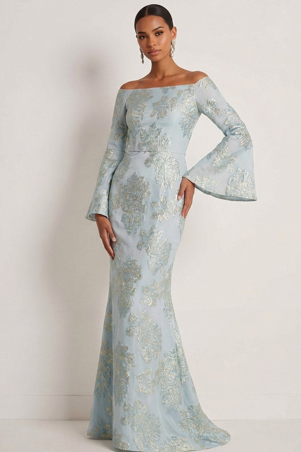 Light Blue Jacquard Floral Mermaid Strapless Long Formal Dress