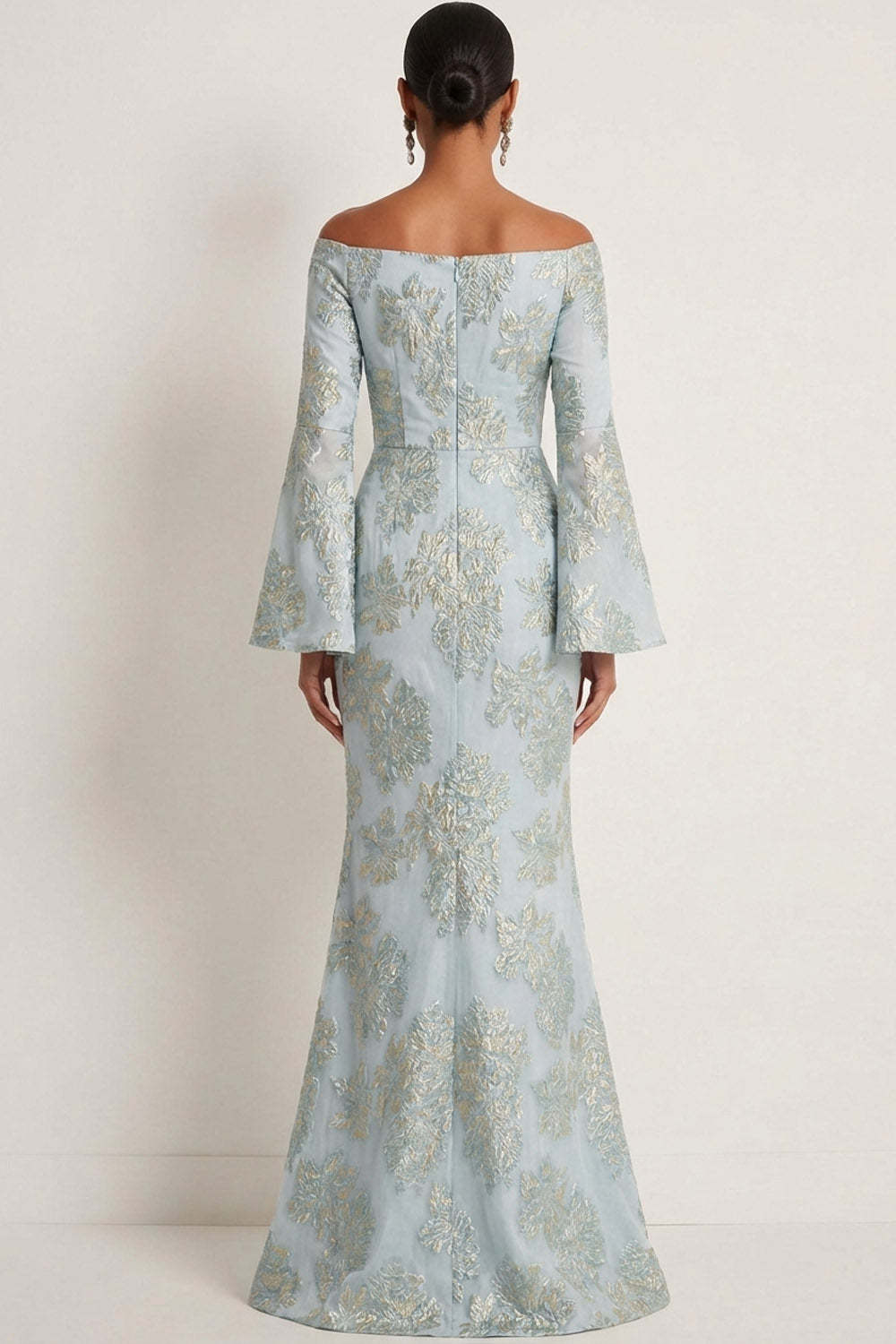 Light Blue Jacquard Floral Mermaid Strapless Long Formal Dress