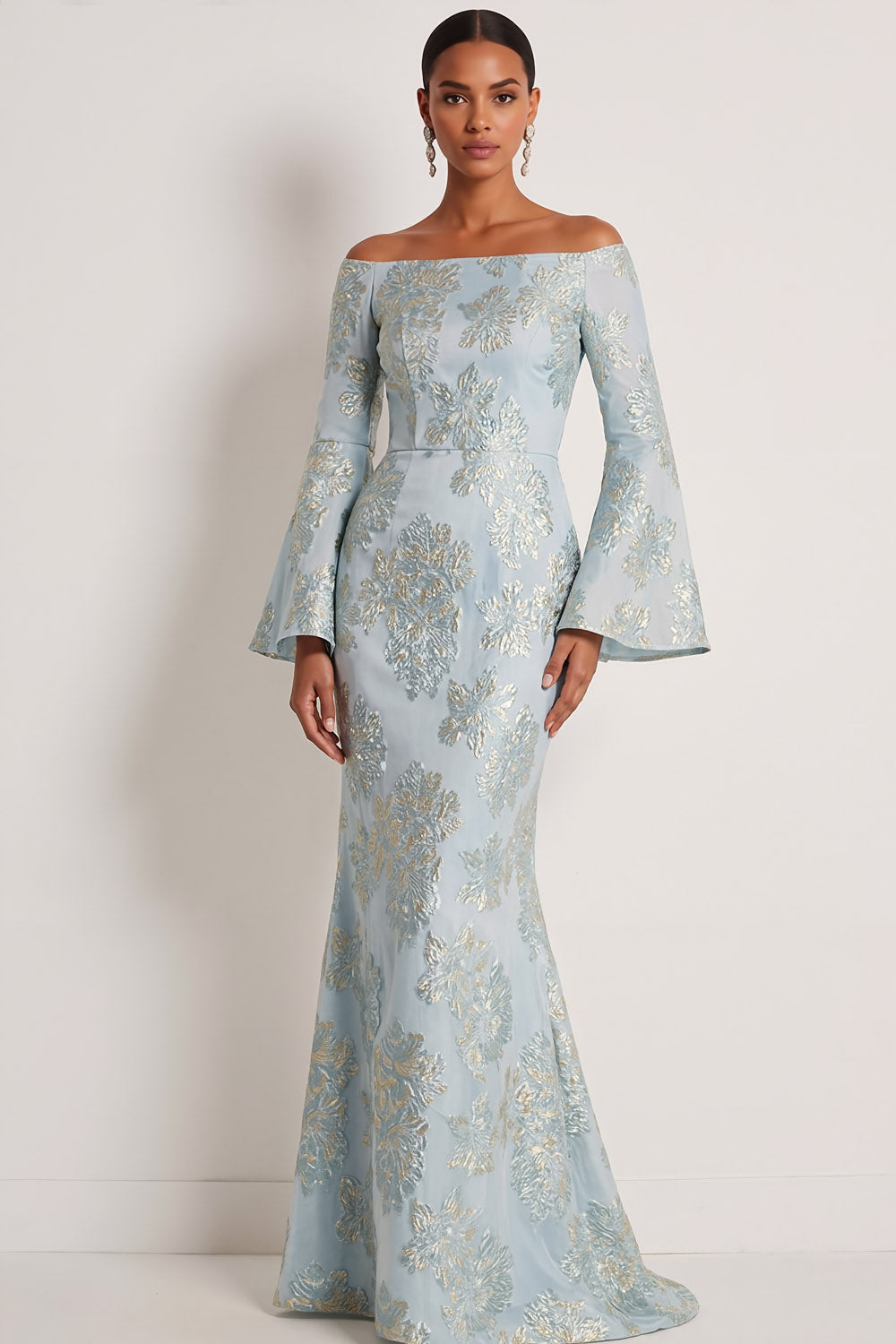 Leely Women Light Blue Jacquard Floral Long Wedding Guest Dress Flutter Sleeves Mermaid Strapless Formal Dress