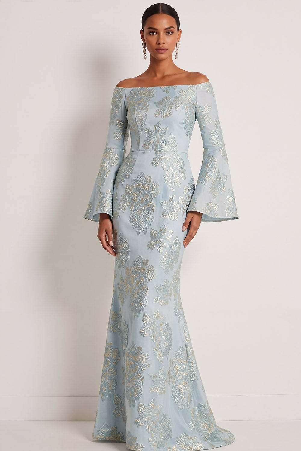 Leely Women Light Blue Jacquard Floral Long Wedding Guest Dress Flutter Sleeves Mermaid Strapless Formal Dress