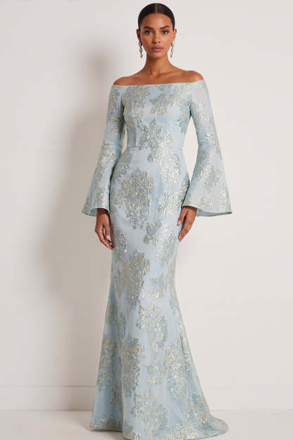 Leely Women Light Blue Jacquard Floral Long Wedding Guest Dress Flutter Sleeves Mermaid Strapless Formal Dress