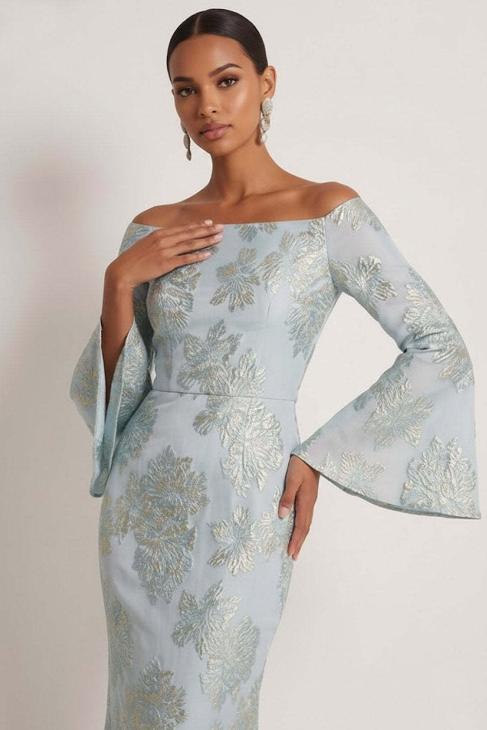 Light Blue Jacquard Floral Mermaid Strapless Long Formal Dress