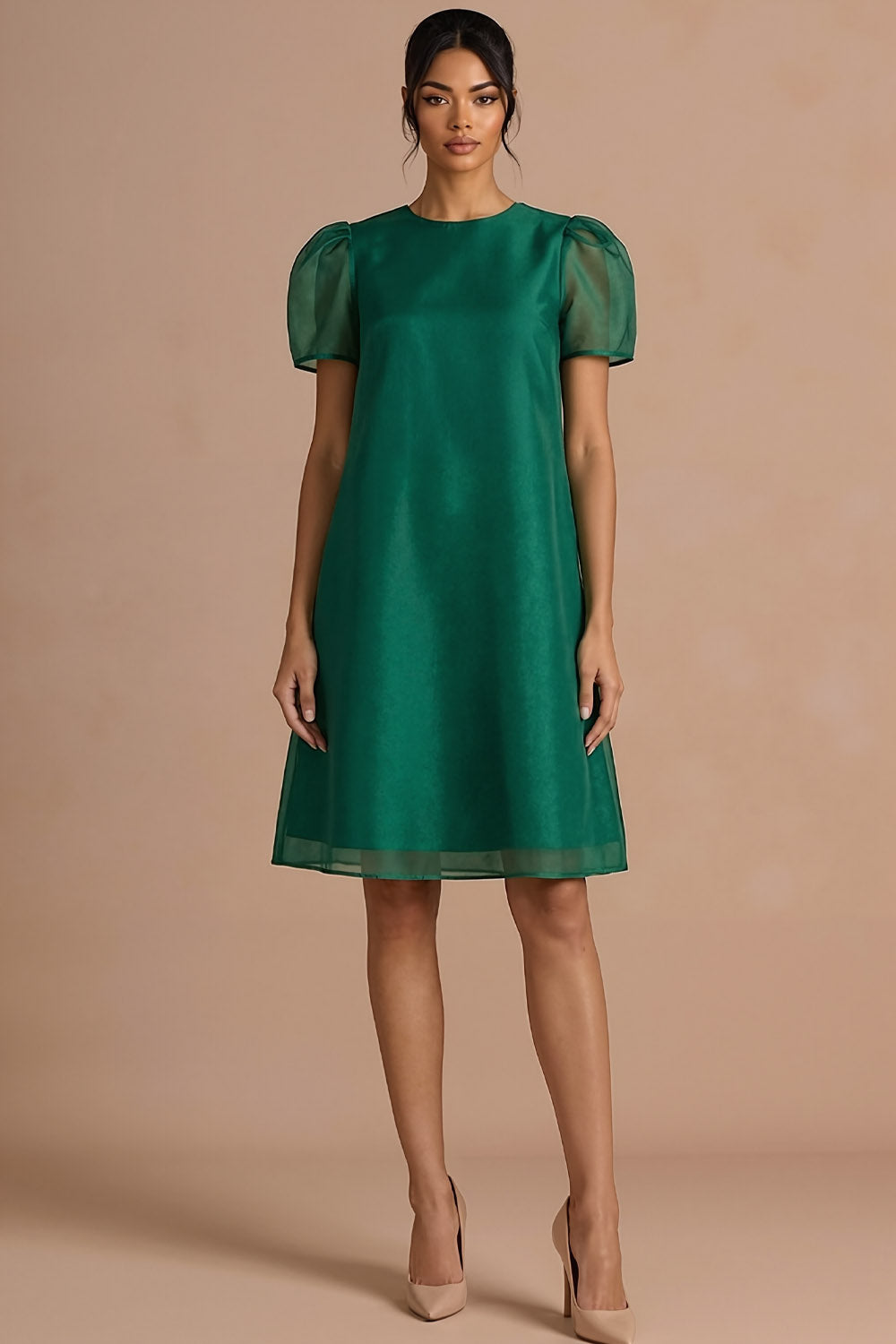 Emerald Green Round Neck A Line Midi Wedding Guest Dress with Short Sleeves