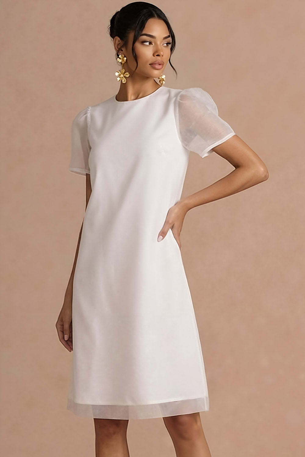 Round Neck White A Line Midi Bridal Shower Dress with Short Sleeves
