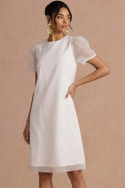 Round Neck White A Line Midi Bridal Shower Dress with Short Sleeves