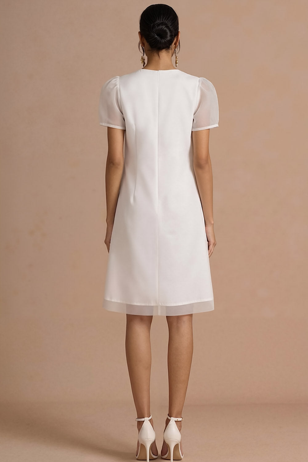 Round Neck White A Line Midi Bridal Shower Dress with Short Sleeves