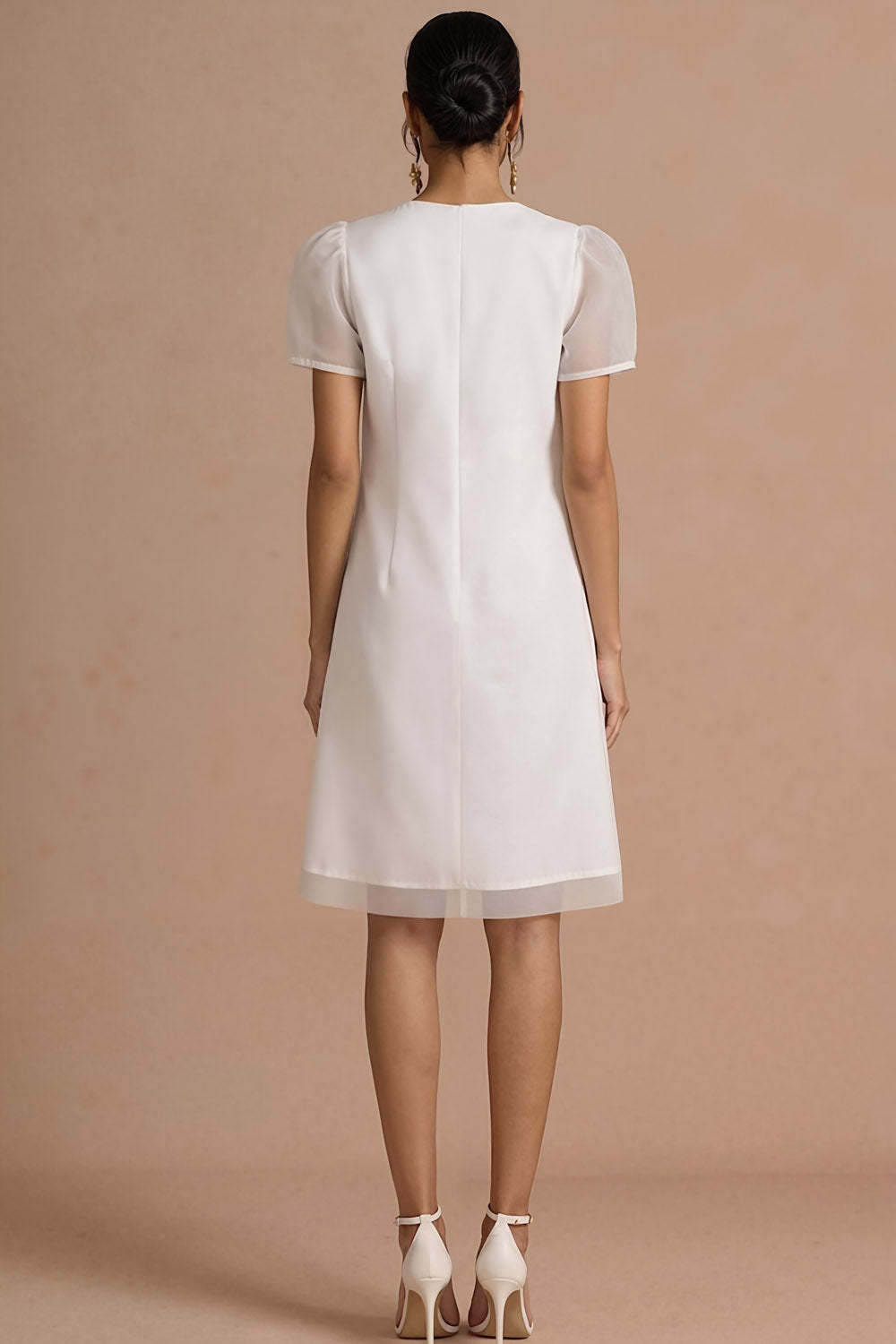 Round Neck White A Line Midi Bridal Shower Dress with Short Sleeves