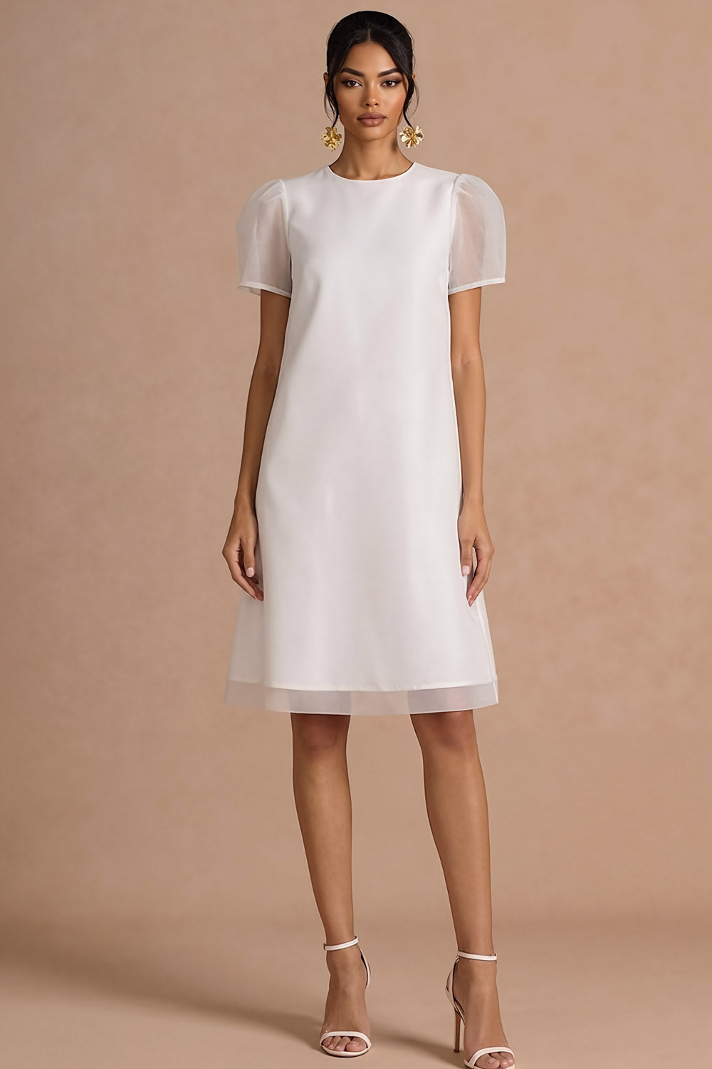 Round Neck White A Line Midi Bridal Shower Dress with Short Sleeves
