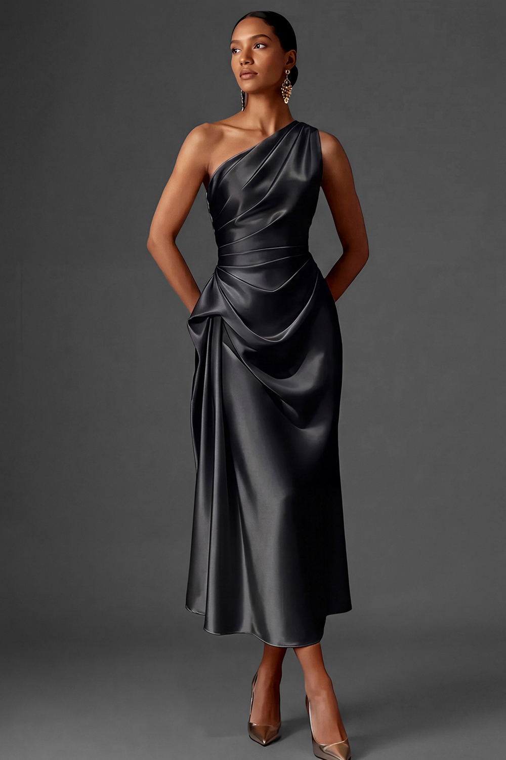 Leely Women Champagne Satin Long Wedding Guest Dress Mermaid One