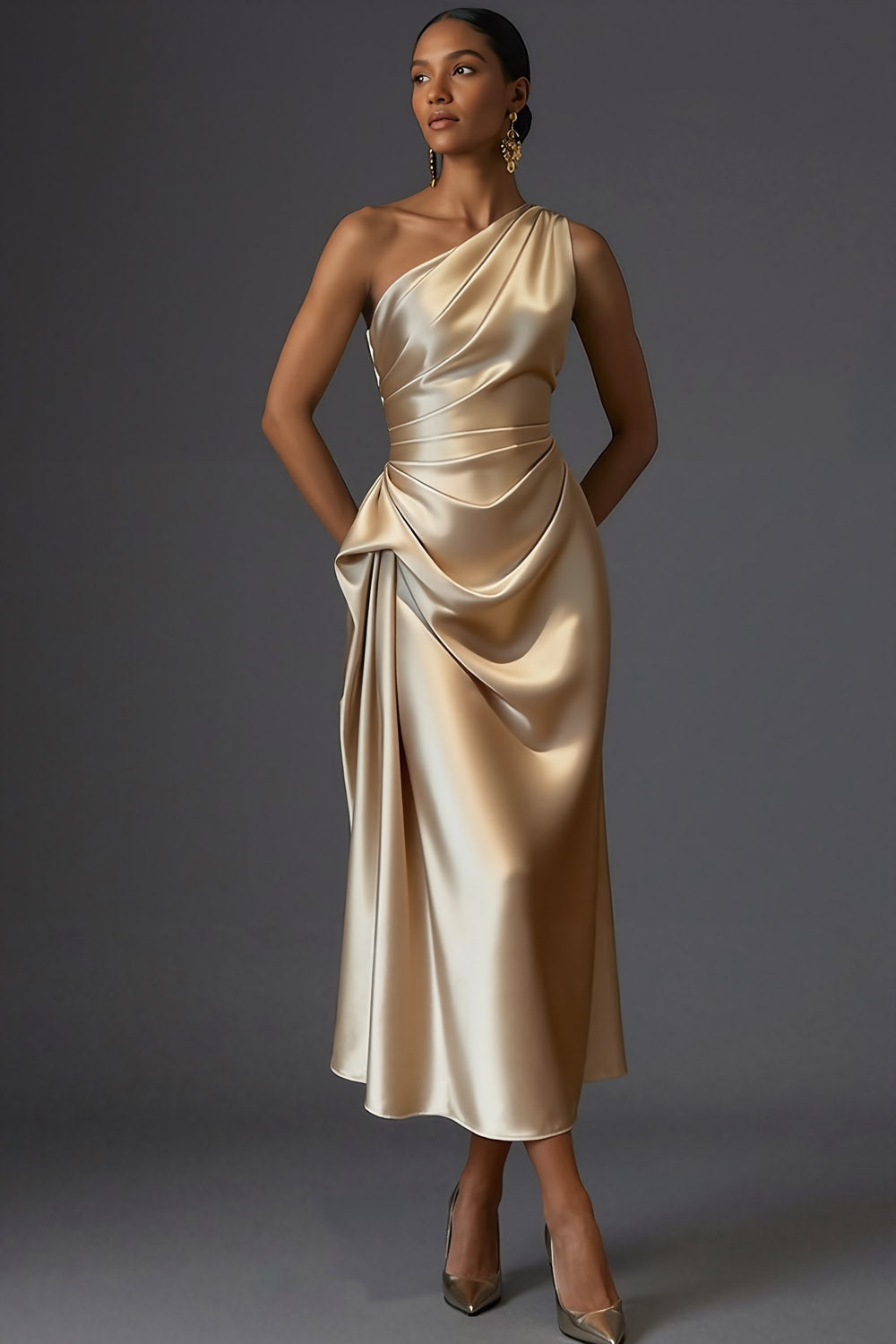 Leely Women Champagne Satin Long Wedding Guest Dress Mermaid One