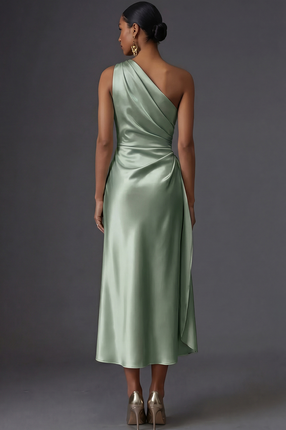Champagne Mermaid Ruched Satin One Shoulder Long Wedding Guest Dress