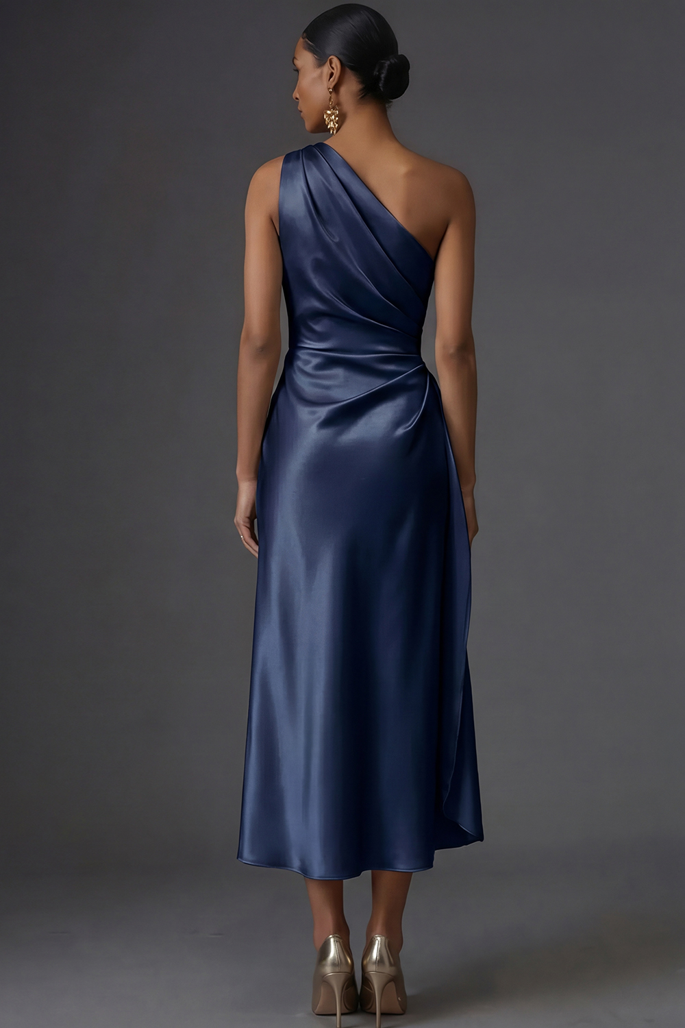 Champagne Mermaid Ruched Satin One Shoulder Long Wedding Guest Dress