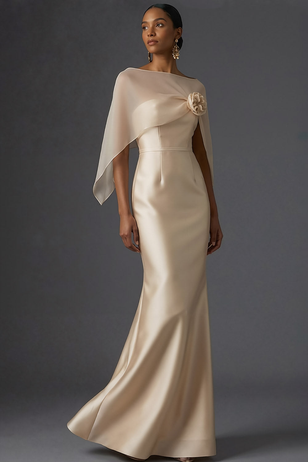 Champagne Mermaid Satin Sleeveless Maxi Formal Dress with Cape