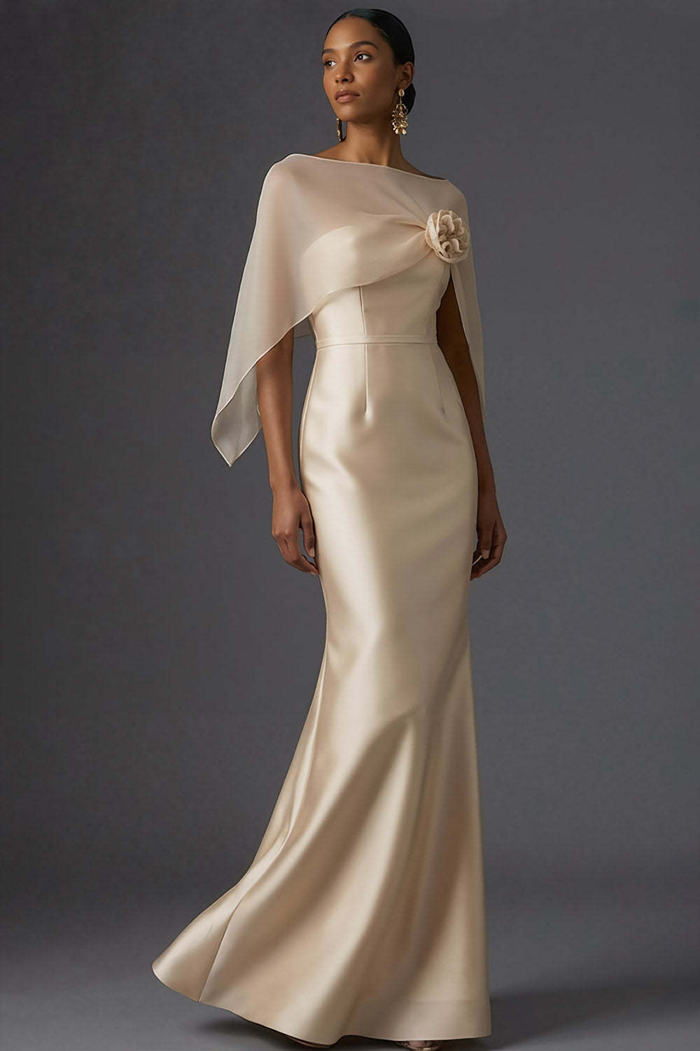 Champagne Mermaid Satin Sleeveless Maxi Formal Dress with Cape