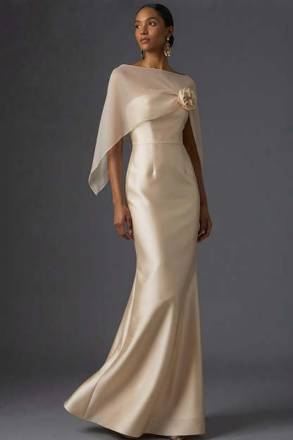 Champagne Mermaid Satin Sleeveless Maxi Formal Dress with Cape