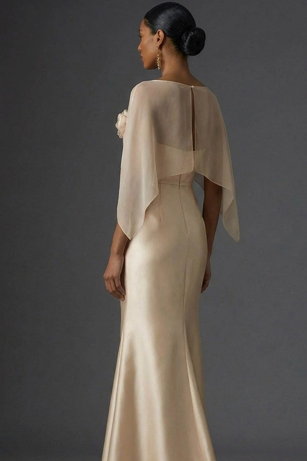 Champagne Mermaid Satin Sleeveless Maxi Formal Dress with Cape
