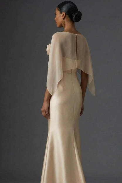 Champagne Mermaid Satin Sleeveless Maxi Formal Dress with Cape