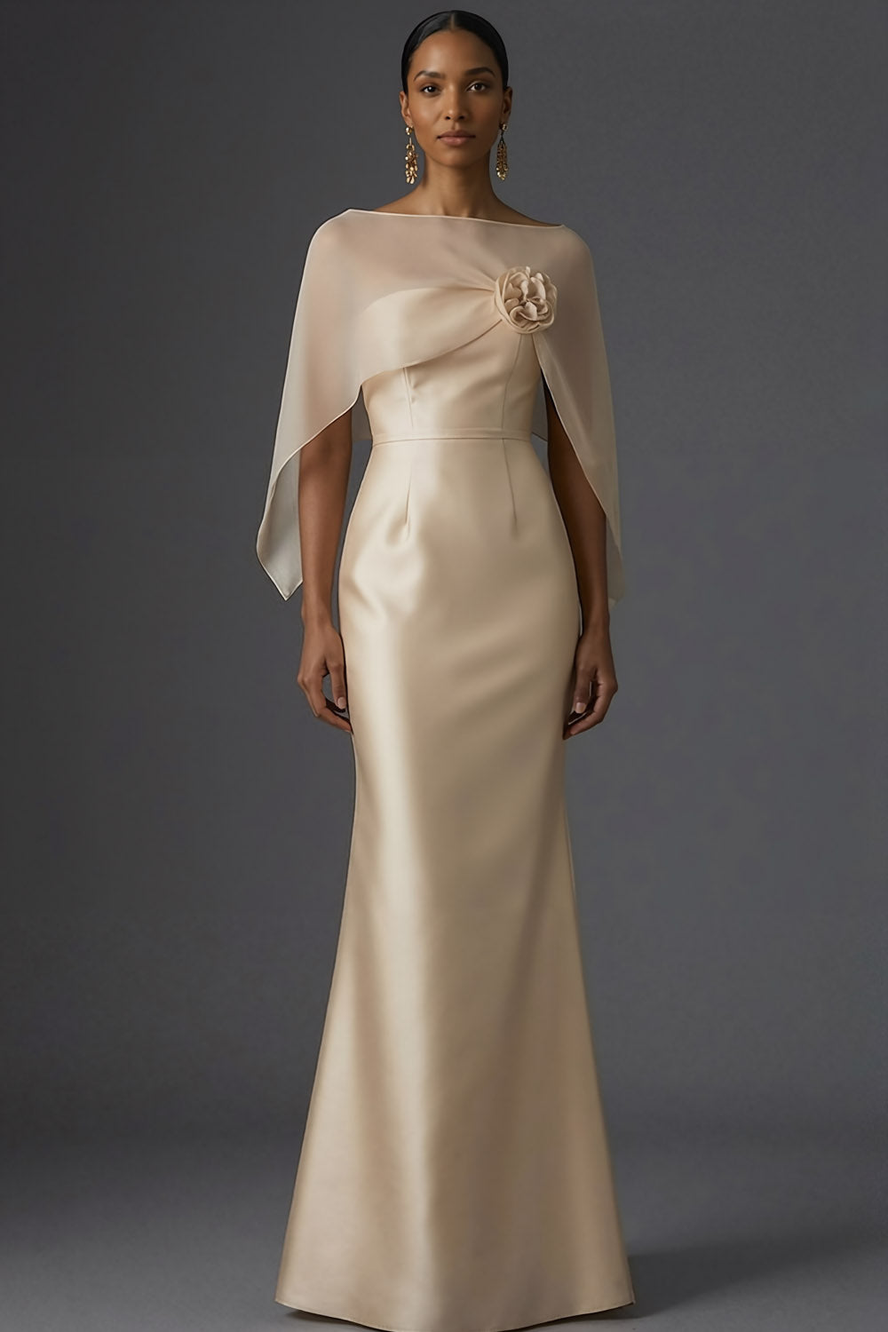 Leely Women Champagne Mermaid Maxi Floral Wedding Guest Dress with Cape Satin Formal Wedding Guest Dress