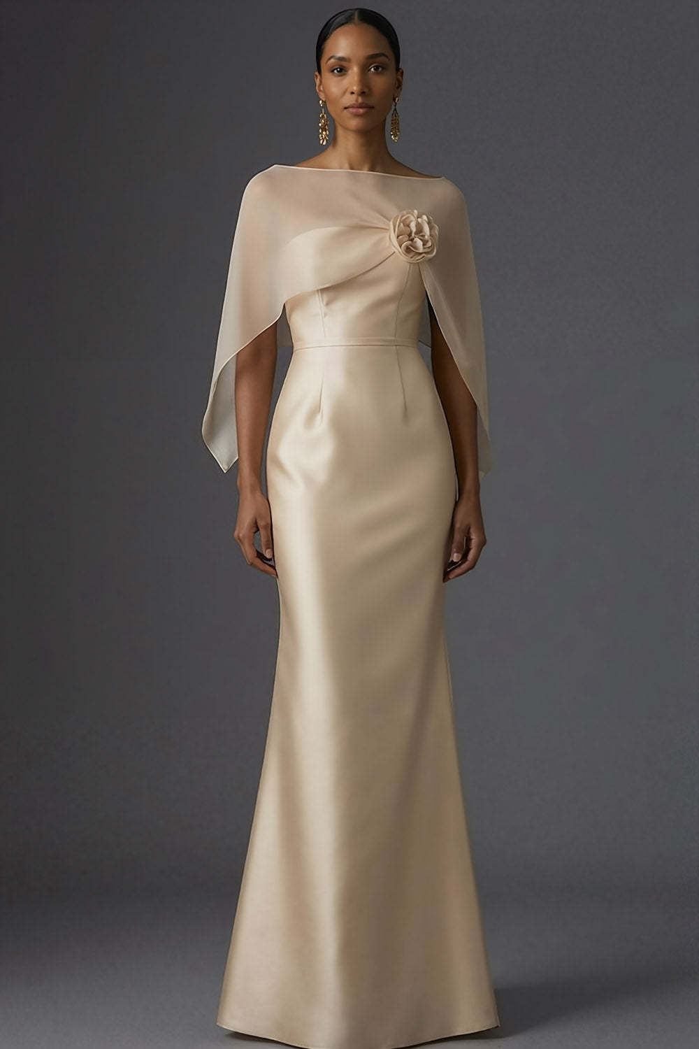 Leely Women Champagne Mermaid Maxi Floral Wedding Guest Dress with Cape Satin Formal Wedding Guest Dress