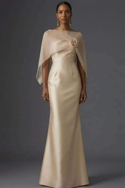 Leely Women Champagne Mermaid Maxi Floral Wedding Guest Dress with Cape Satin Formal Wedding Guest Dress