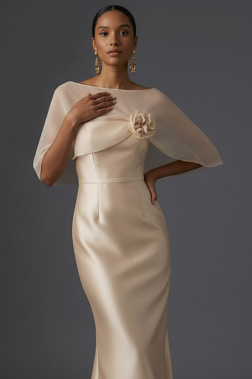 Champagne Mermaid Satin Sleeveless Maxi Formal Dress with Cape