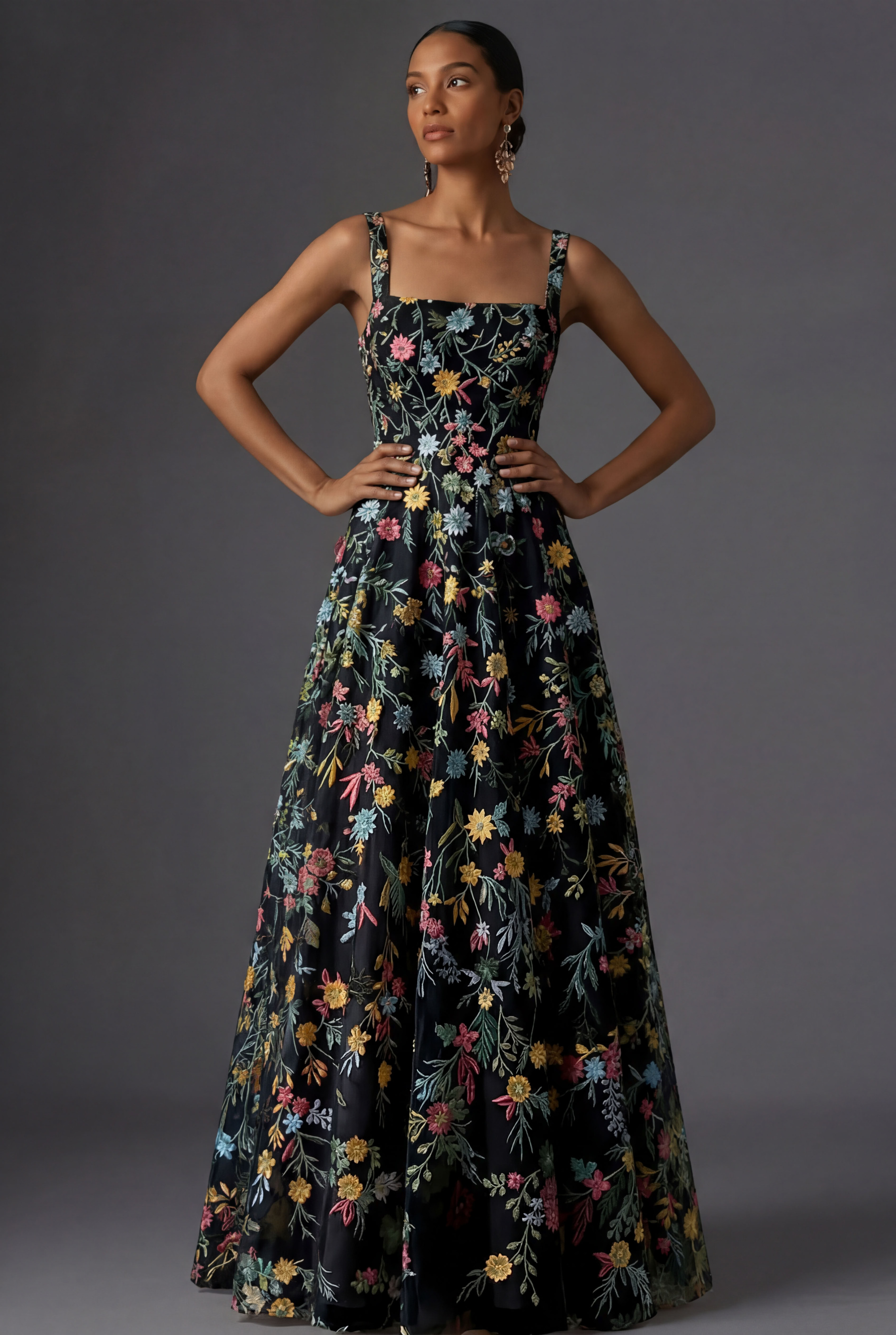 Mauve Floral Thick Straps A Line Embroidered Maxi Wedding Guest Dress