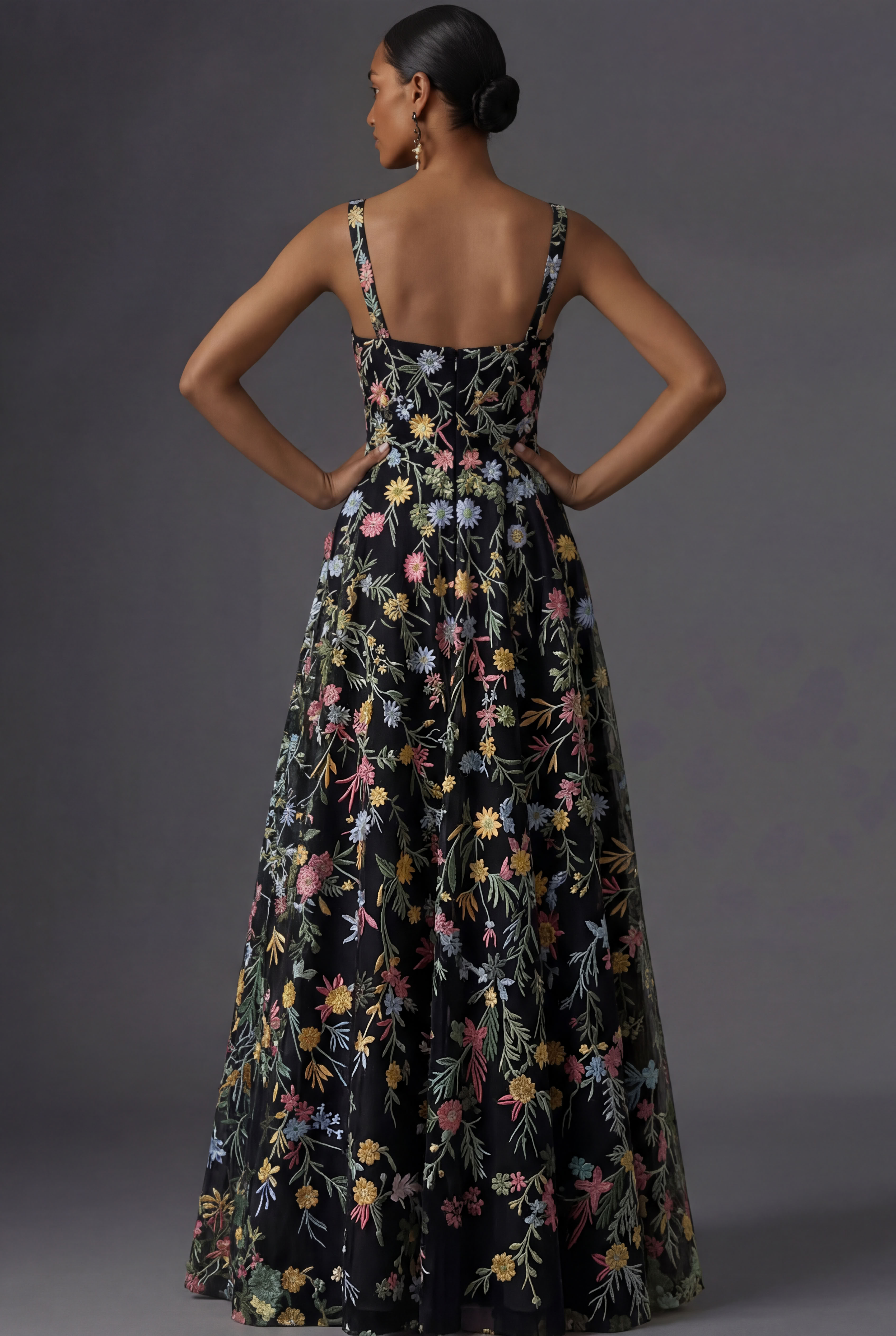 Mauve Floral Thick Straps A Line Embroidered Maxi Wedding Guest Dress