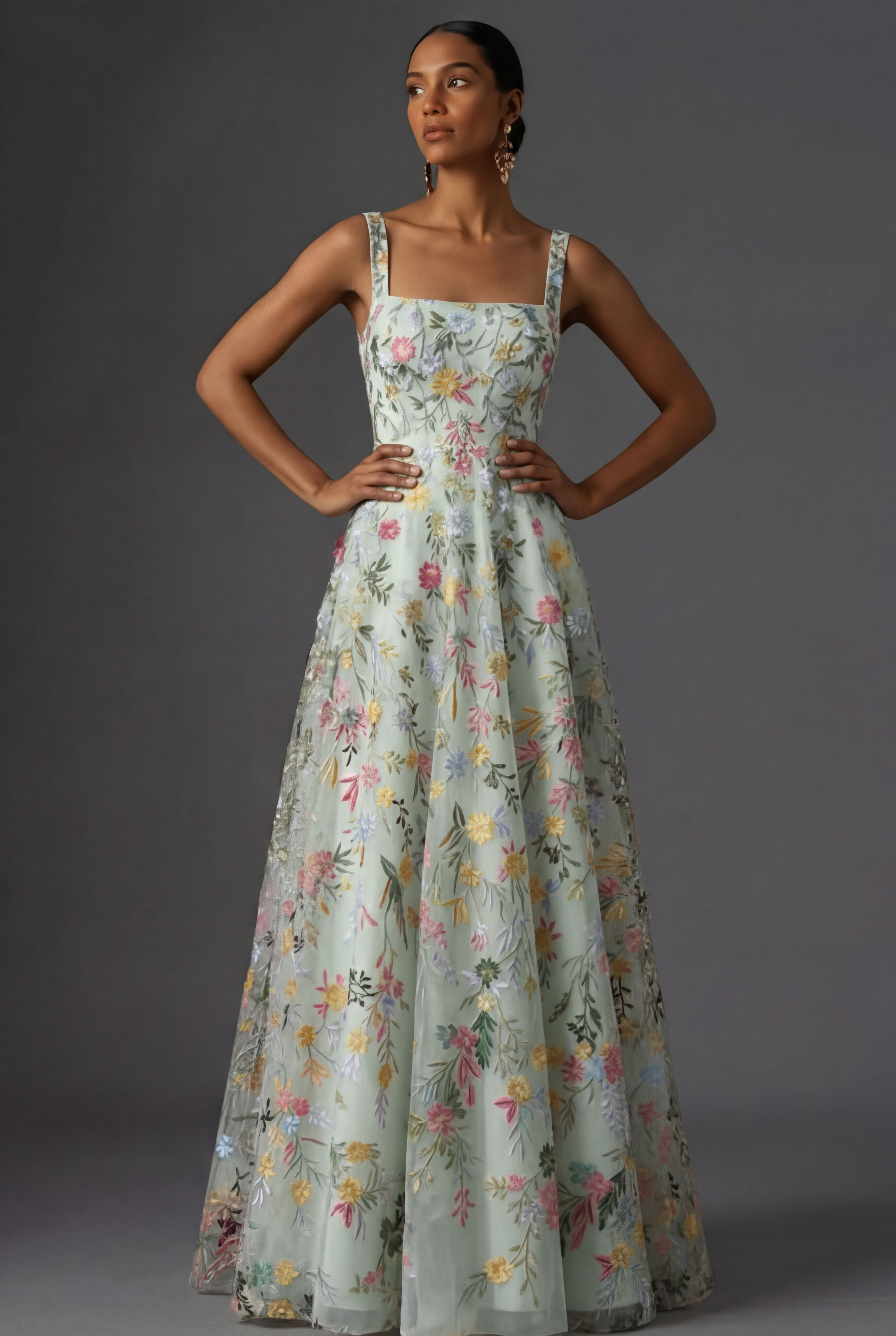 Mauve Floral Thick Straps A Line Embroidered Maxi Wedding Guest Dress