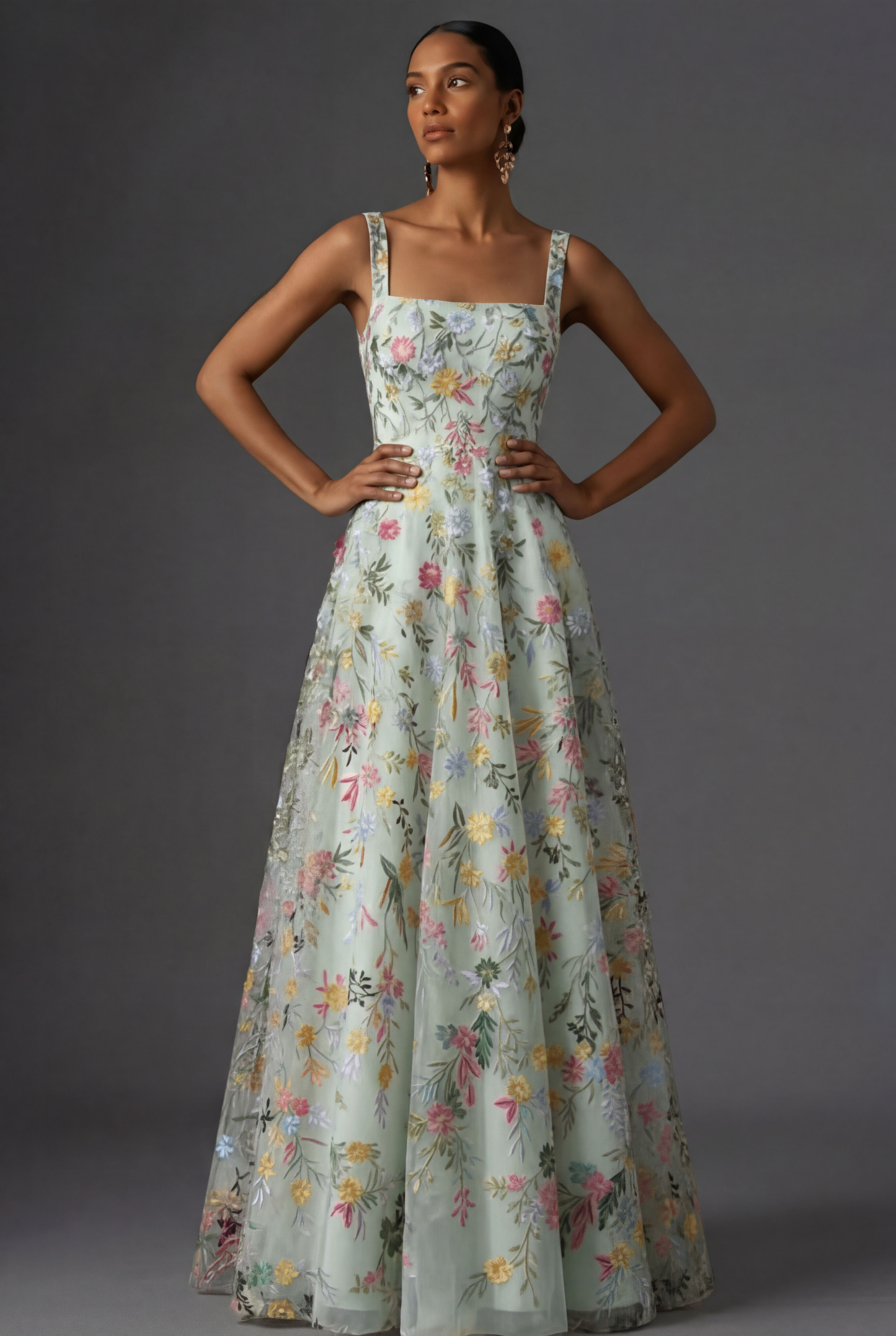 Mauve Floral Thick Straps A Line Embroidered Maxi Wedding Guest Dress