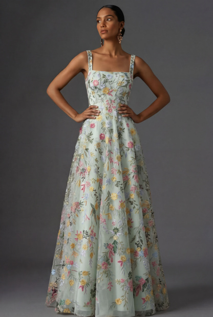 Mauve Floral Thick Straps A Line Embroidered Maxi Wedding Guest Dress