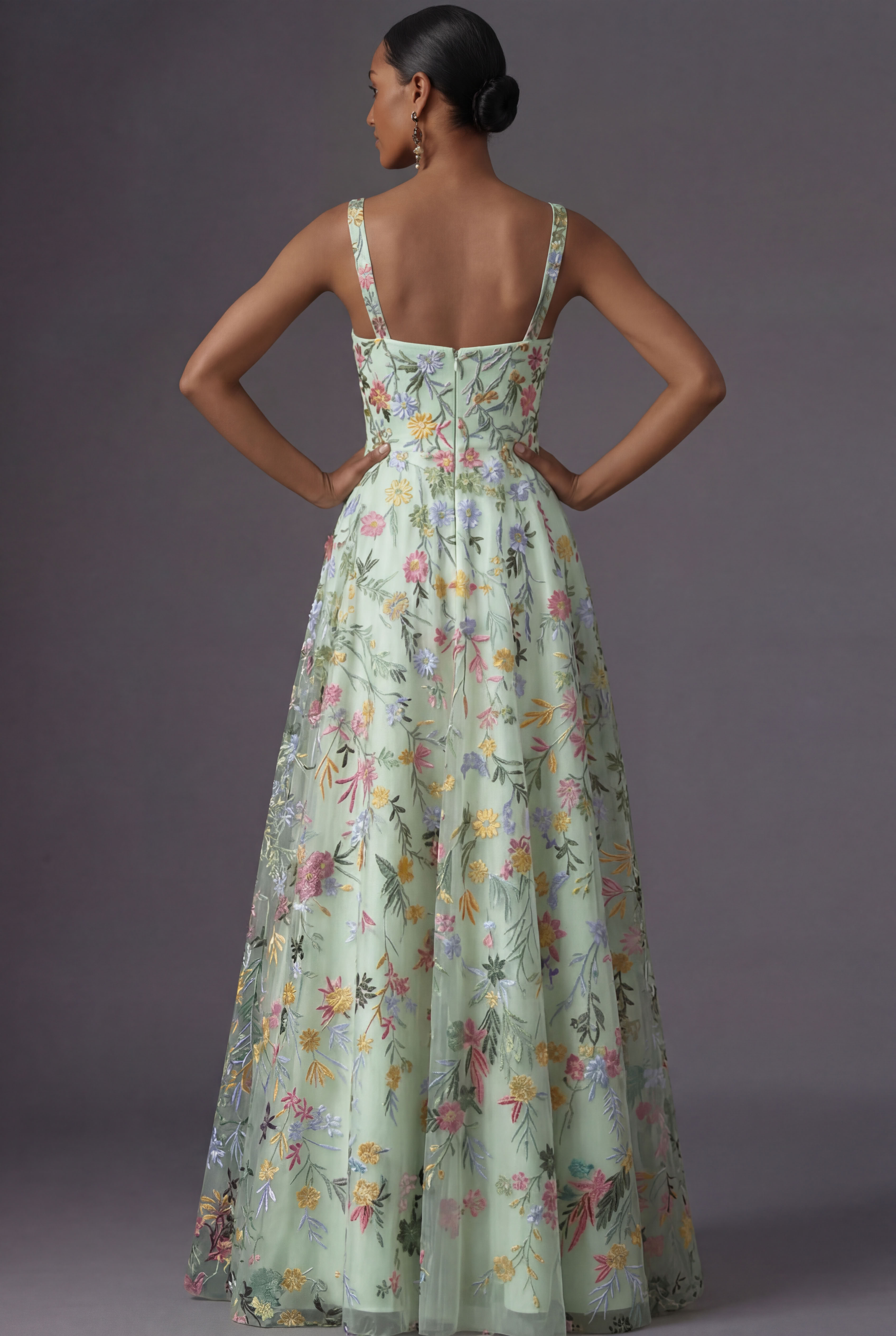Mauve Floral Thick Straps A Line Embroidered Maxi Wedding Guest Dress