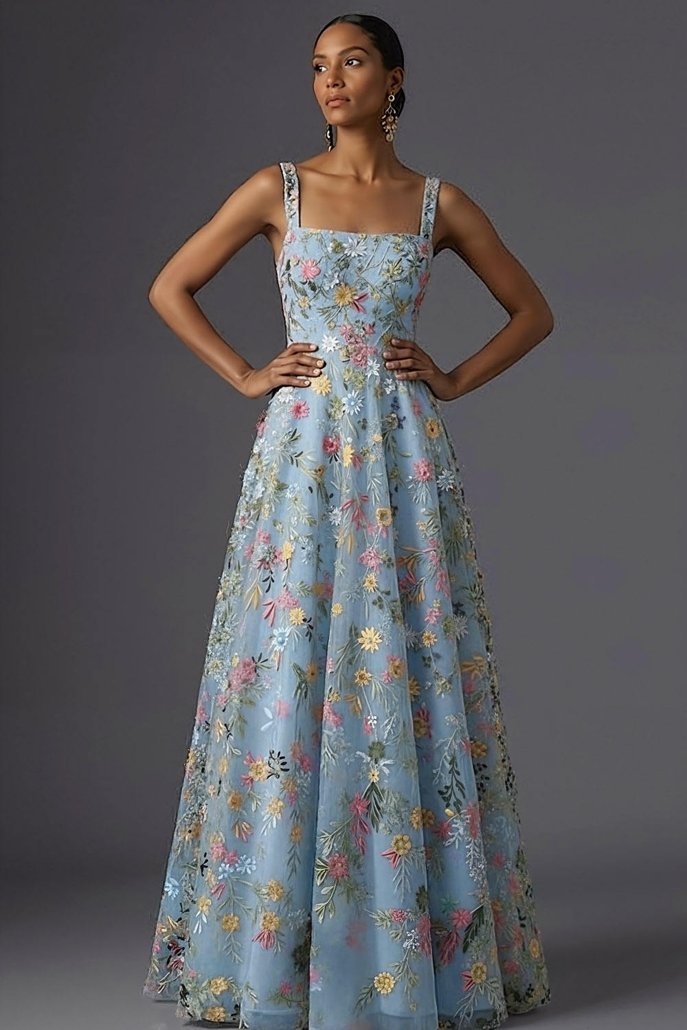 Mauve Floral Thick Straps A Line Embroidered Maxi Wedding Guest Dress