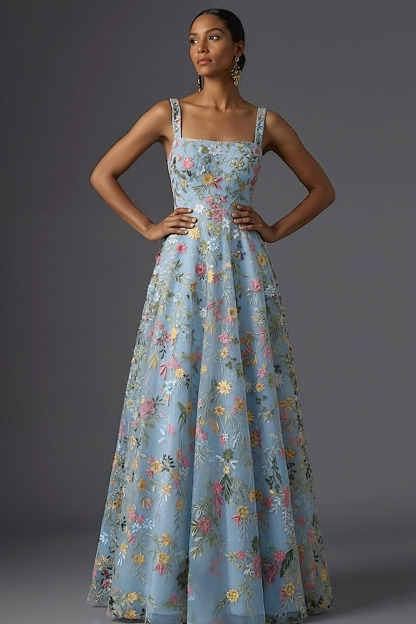 Mauve Floral Thick Straps A Line Embroidered Maxi Wedding Guest Dress
