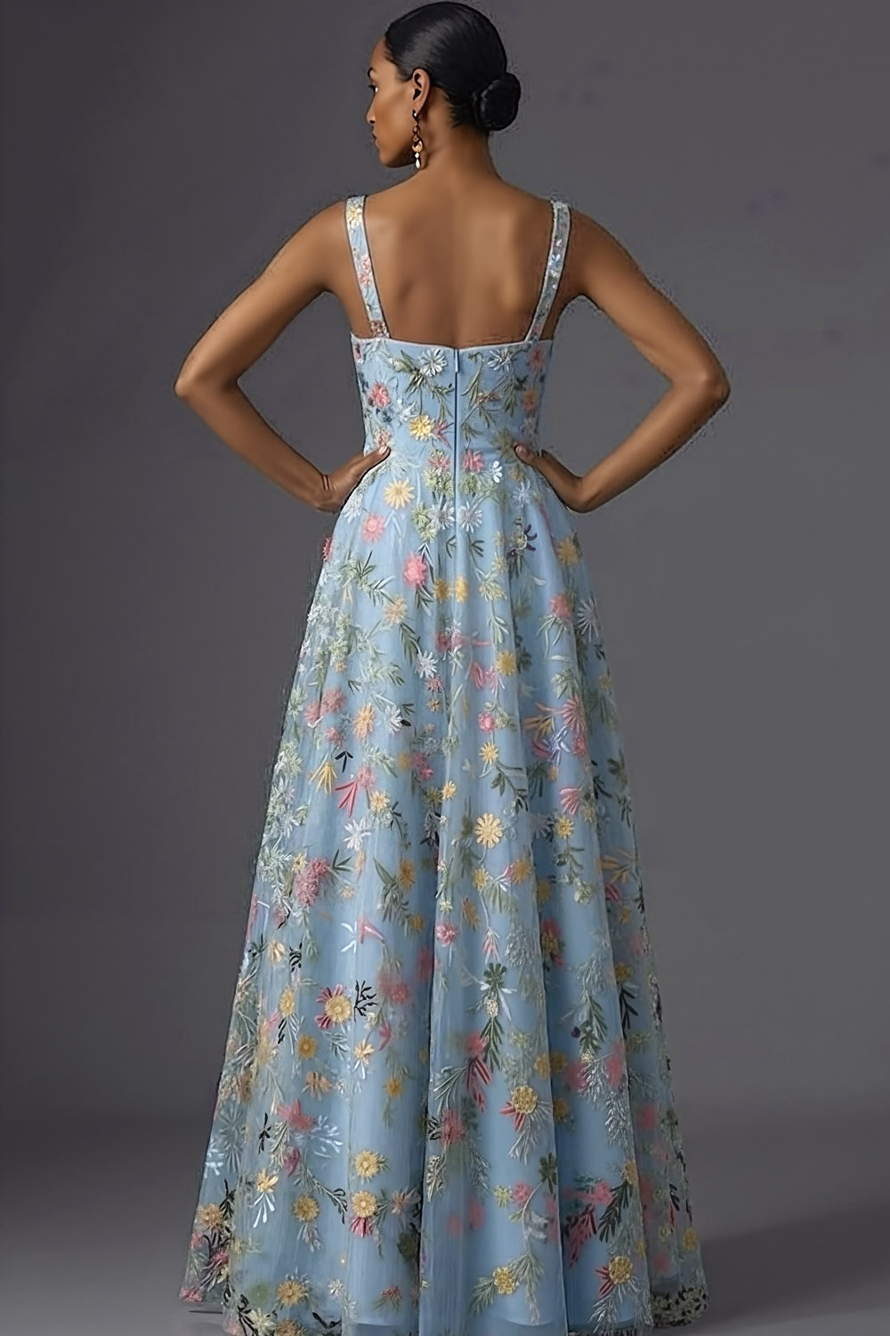 Mauve Floral Thick Straps A Line Embroidered Maxi Wedding Guest Dress