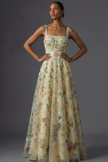 Leely Women Mauve Floral Thick Straps Maxi Wedding Guest Dress A Line Embroidered Backless Sleeveless Evening Dress