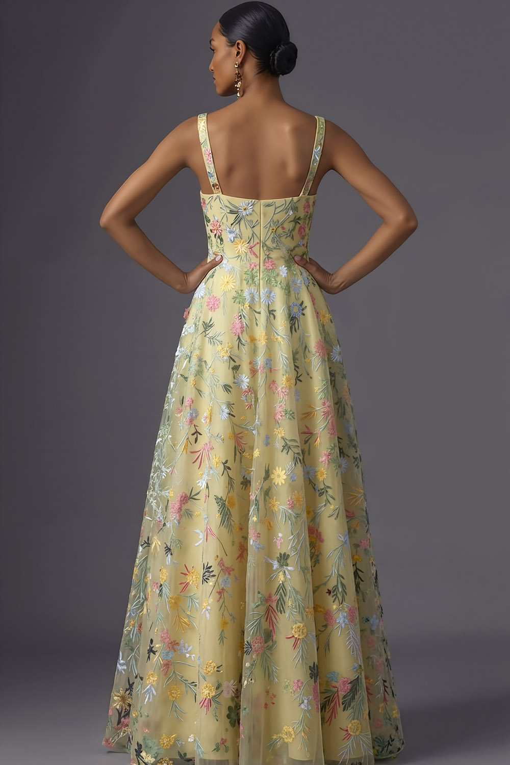 Mauve Floral Thick Straps A Line Embroidered Maxi Wedding Guest Dress
