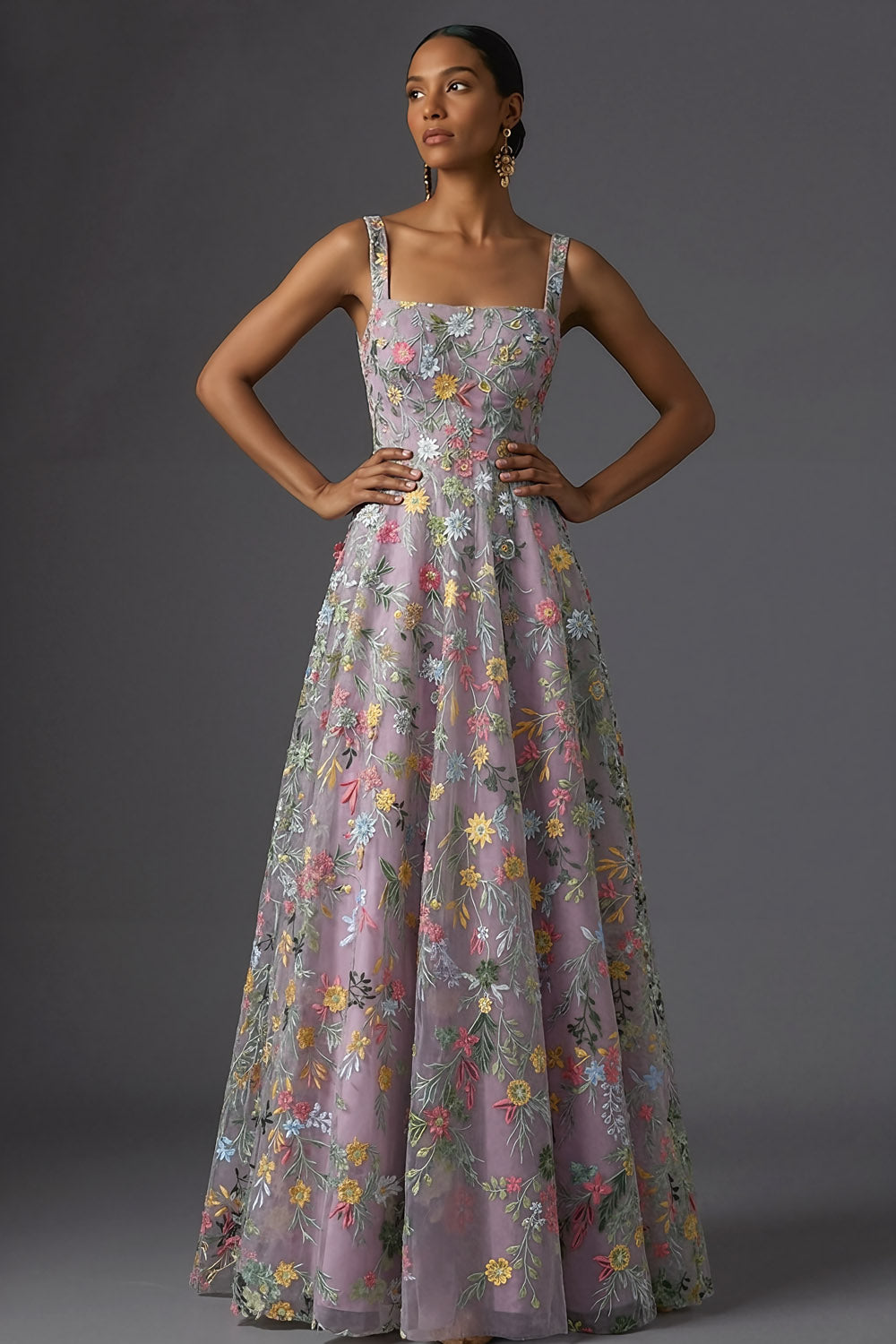 Mauve Floral Thick Straps A Line Embroidered Maxi Wedding Guest Dress