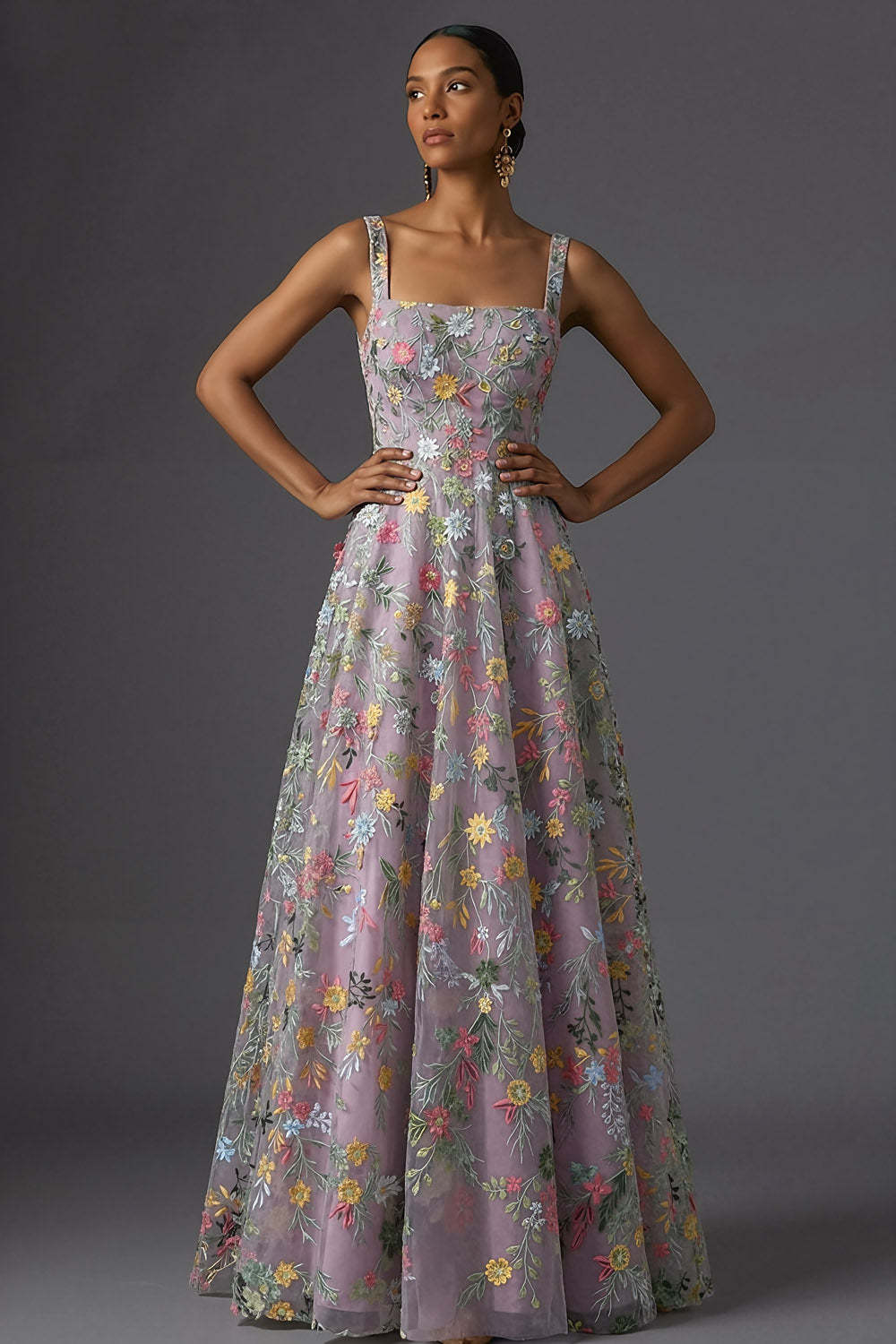 Mauve Floral Thick Straps A Line Embroidered Maxi Wedding Guest Dress