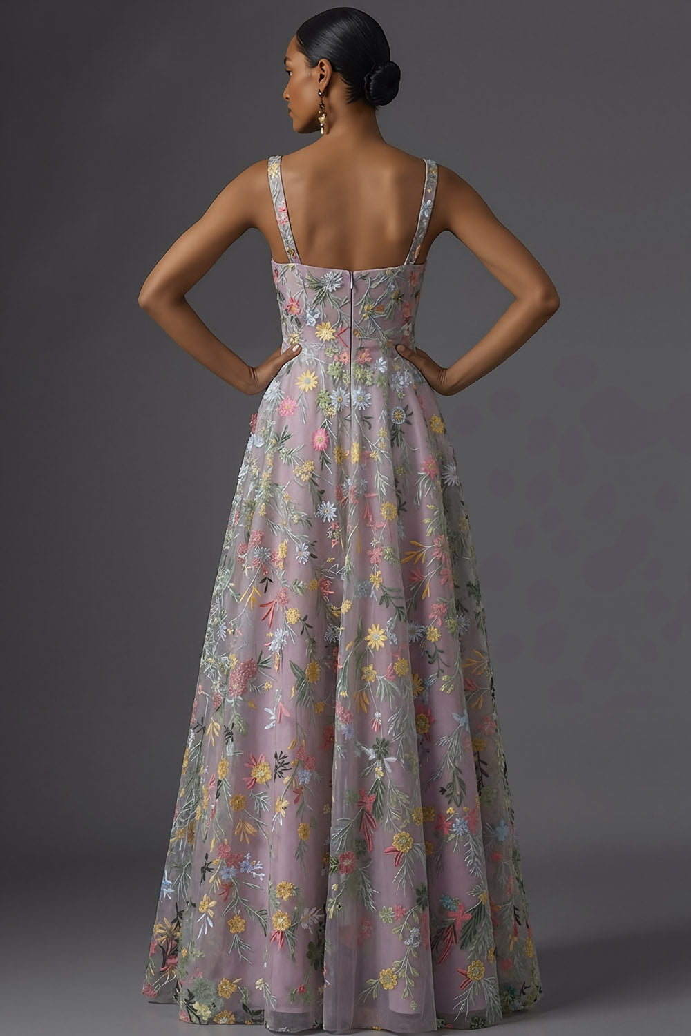 Mauve Floral Thick Straps A Line Embroidered Maxi Wedding Guest Dress