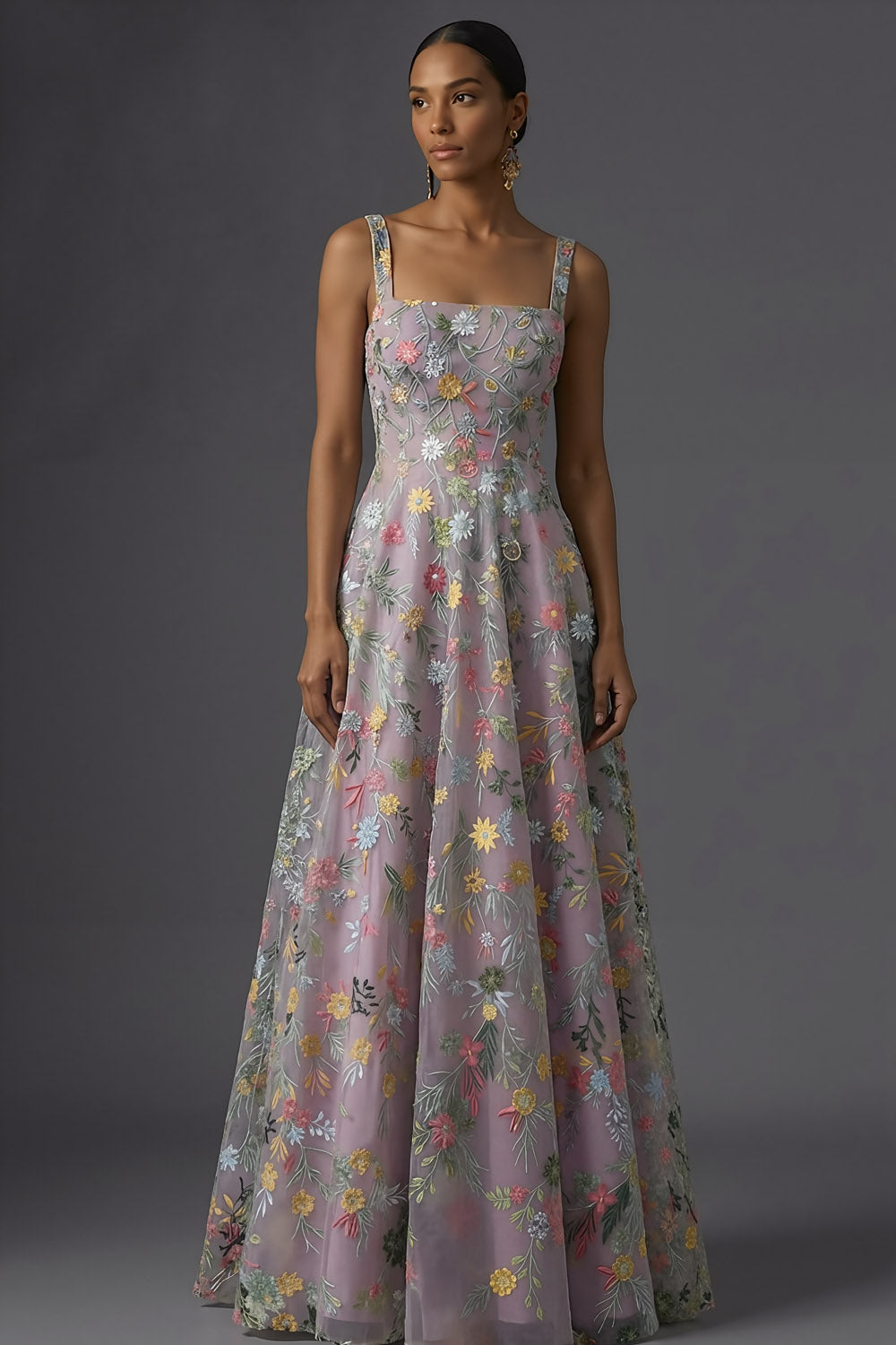 Mauve Floral Thick Straps A Line Embroidered Maxi Wedding Guest Dress