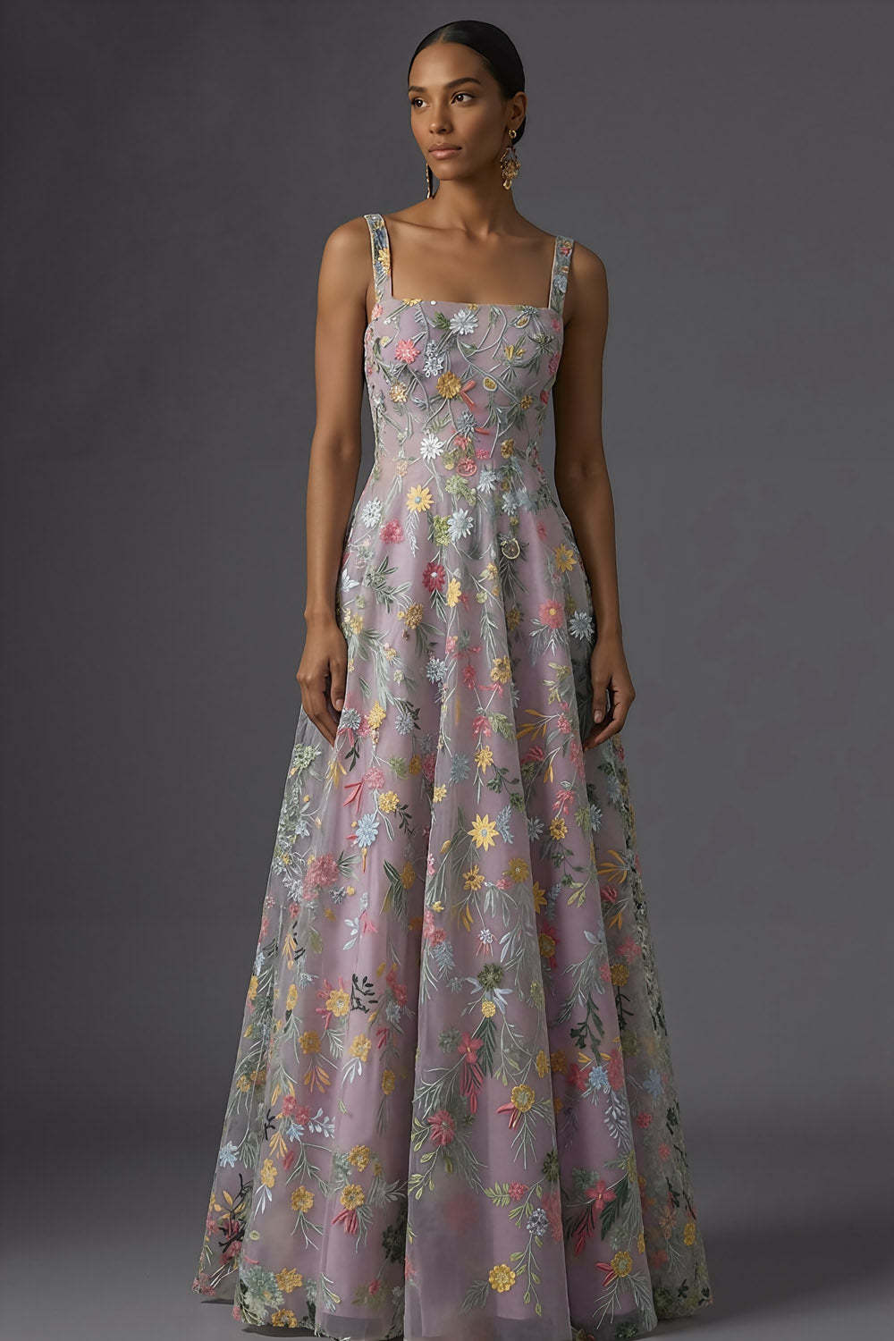 Mauve Floral Thick Straps A Line Embroidered Maxi Wedding Guest Dress