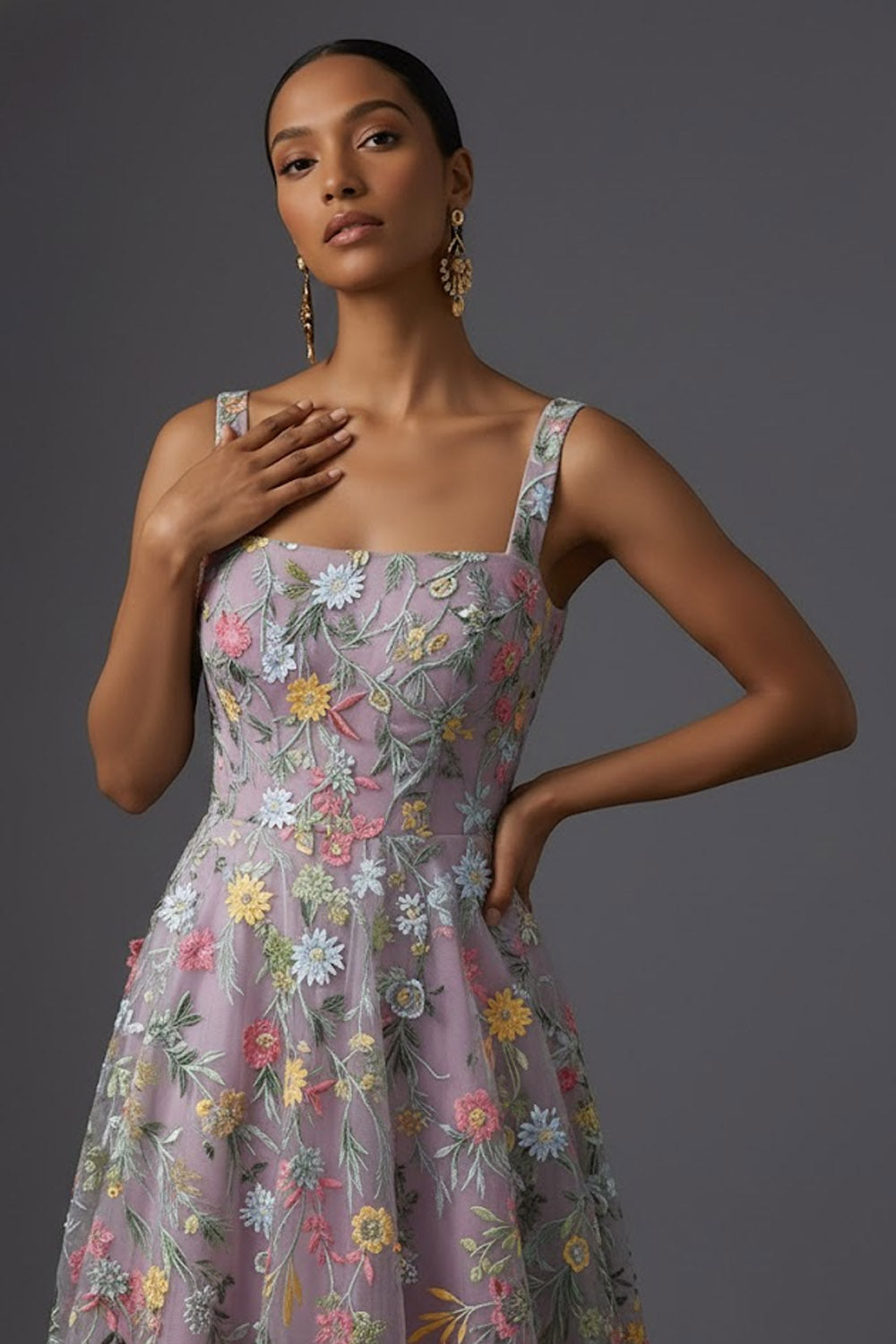 Mauve Floral Thick Straps A Line Embroidered Maxi Wedding Guest Dress