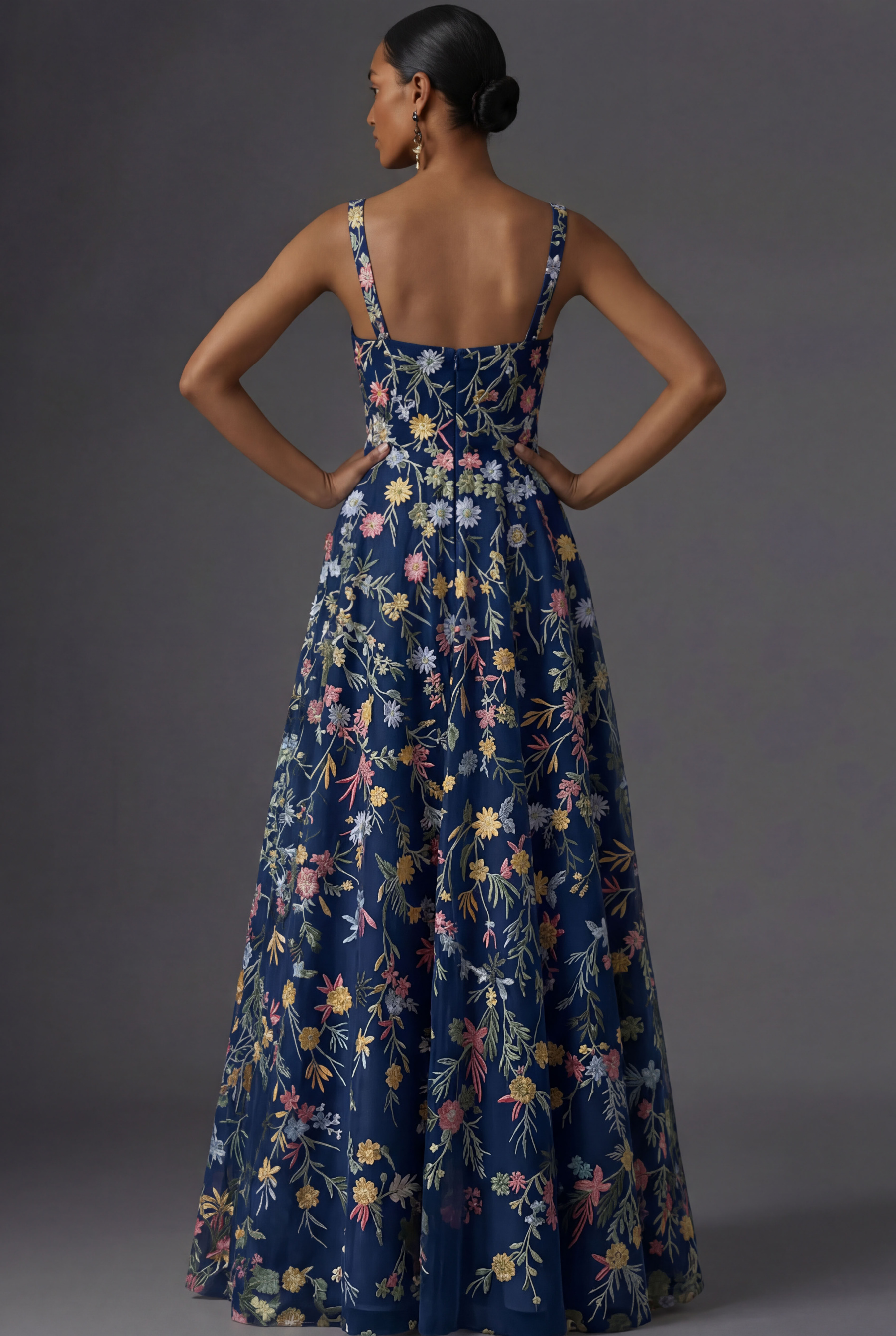 Mauve Floral Thick Straps A Line Embroidered Maxi Wedding Guest Dress