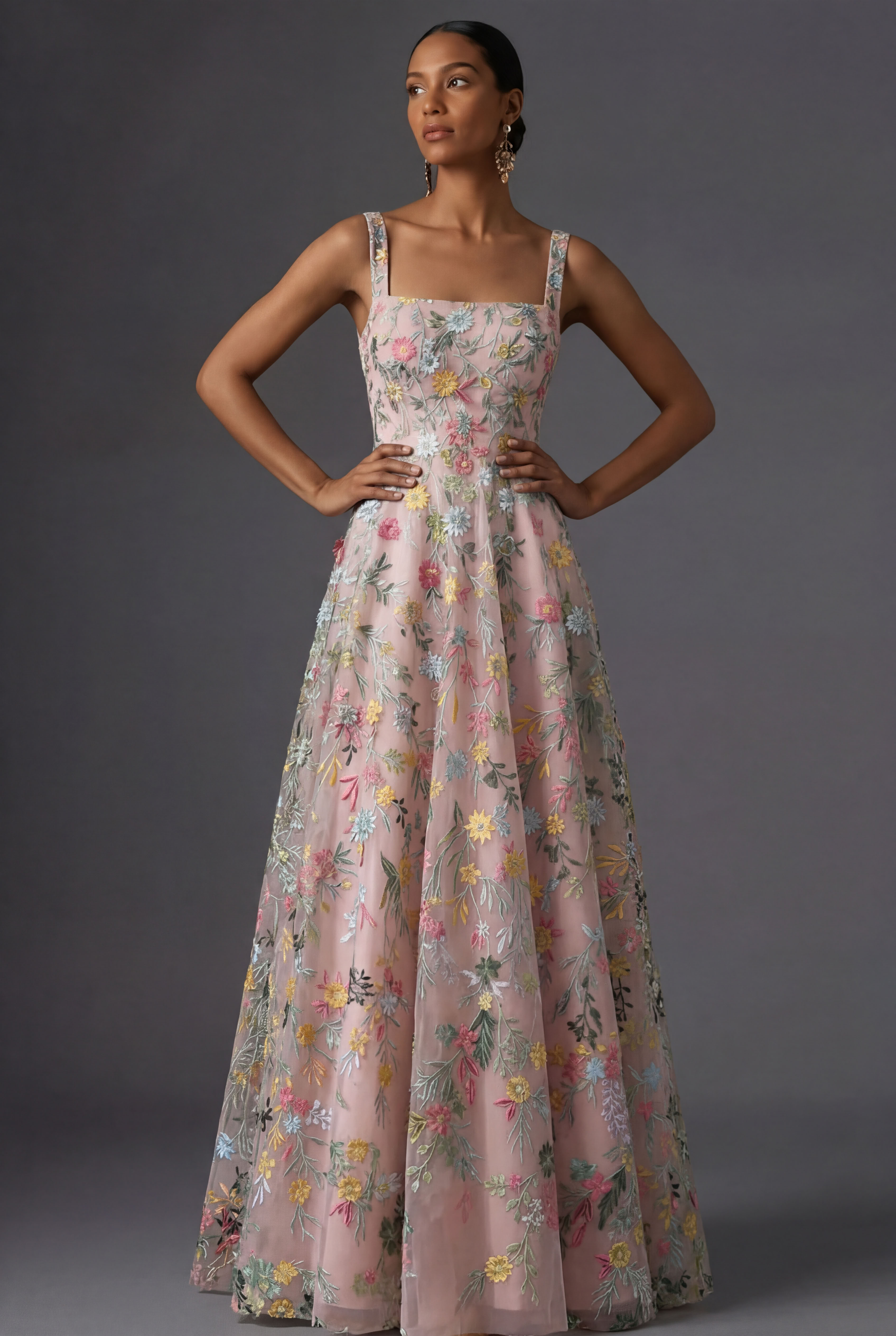 Leely Women Mauve Floral Thick Straps Maxi Wedding Guest Dress A Line Embroidered Backless Sleeveless Evening Dress