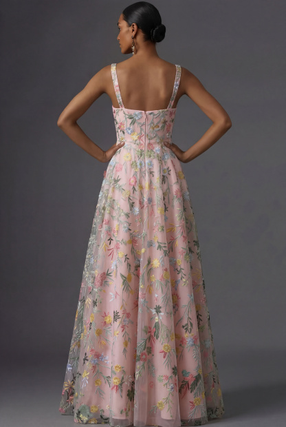 Mauve Floral Thick Straps A Line Embroidered Maxi Wedding Guest Dress
