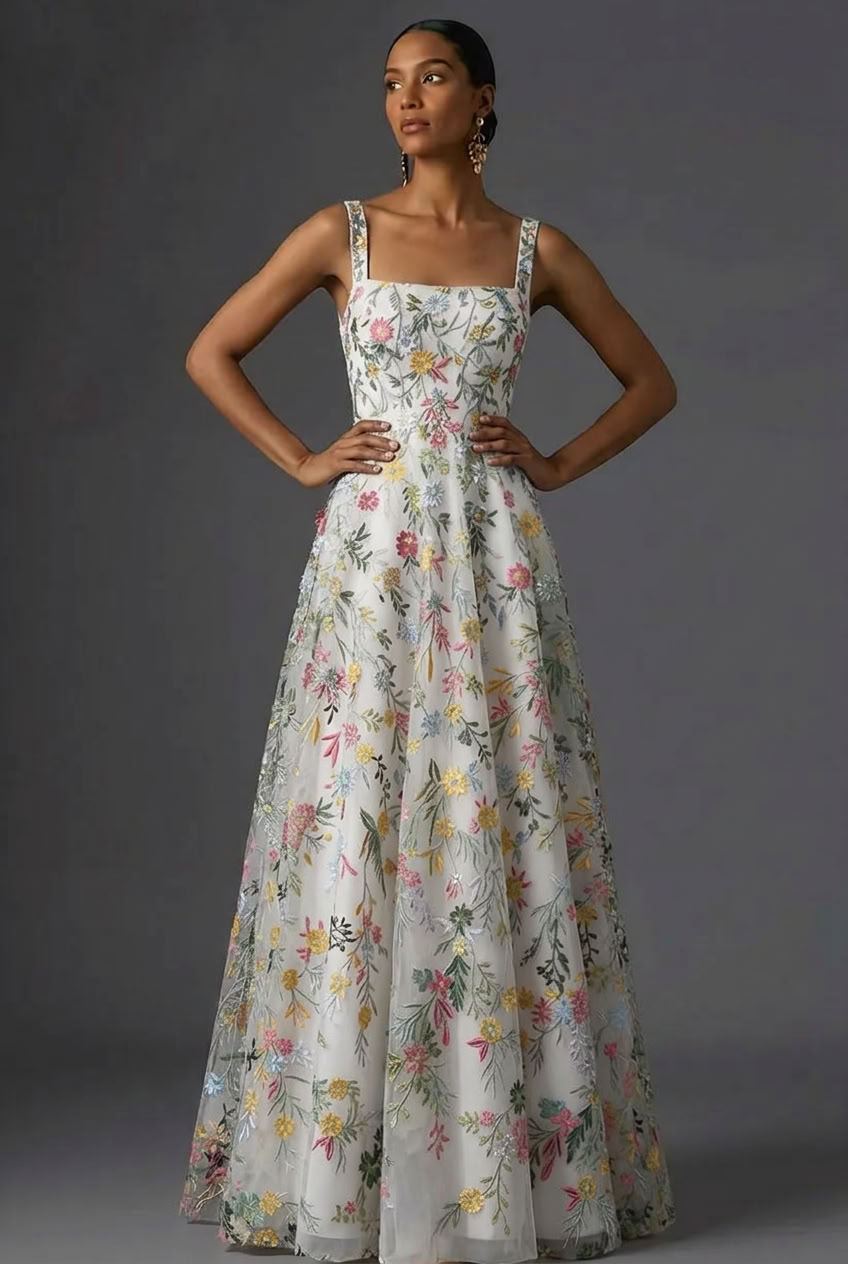 Mauve Floral Thick Straps A Line Embroidered Maxi Wedding Guest Dress